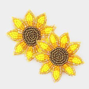 Sunflower Earrings Flower Seed Bead Dangle Floral Jewelry 2" Long YELLOW Post